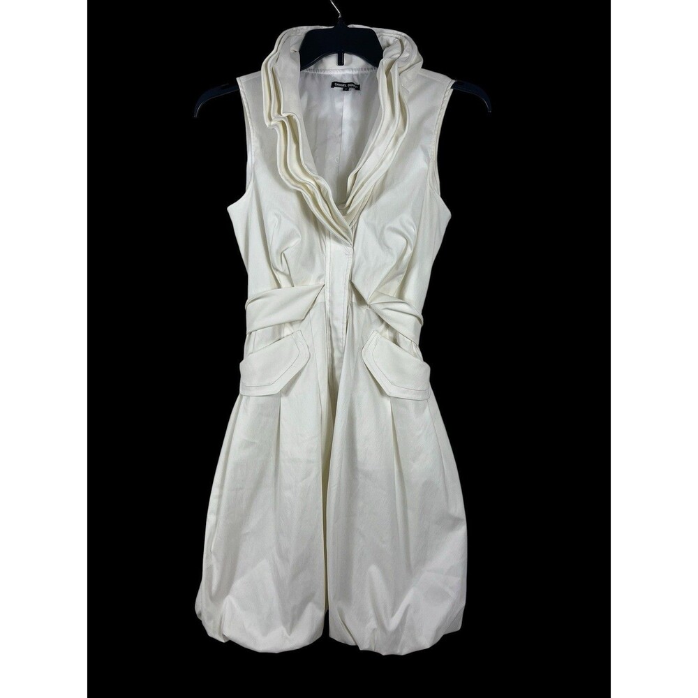 Samuel Dong Bubble Hem Dress M Ivory Ruffle Draped Collar Belted Cocktail